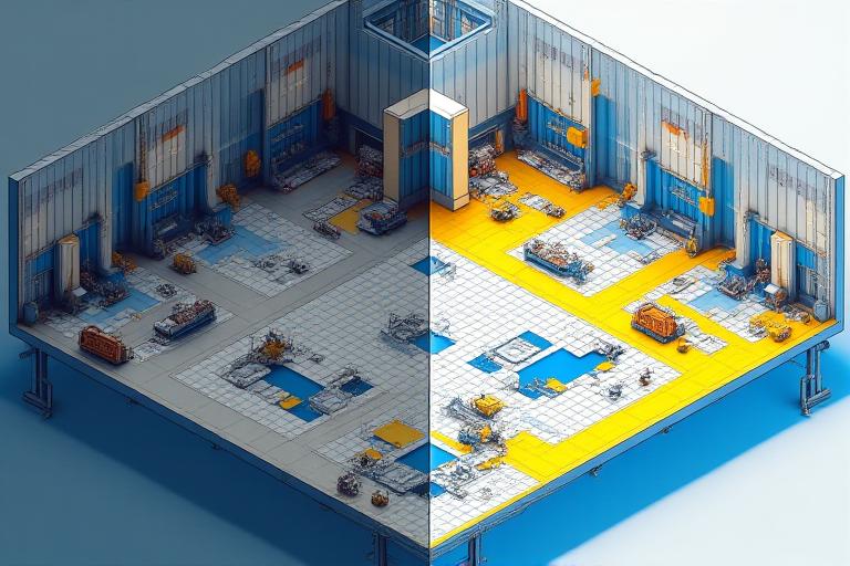 Top-down schema comparing chaotic factory layout vs optimized geometric layout