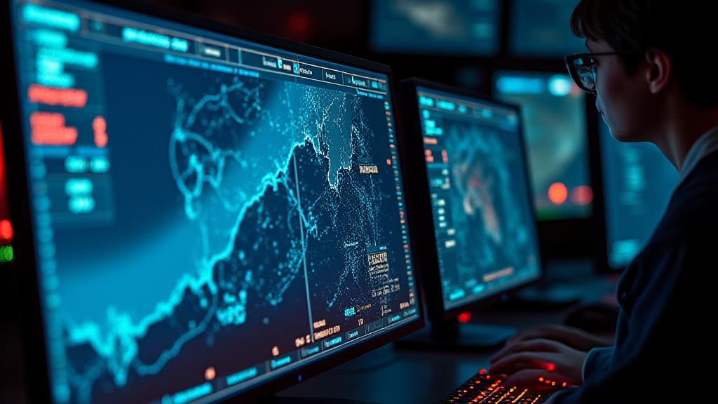 Dark maritime radar interface displaying real-time sea traffic data