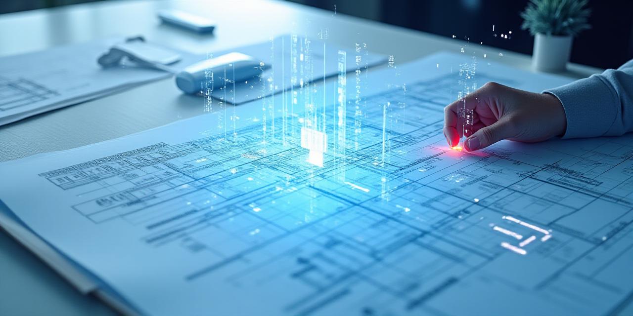 Abstract architectural blueprint with digital data overlays