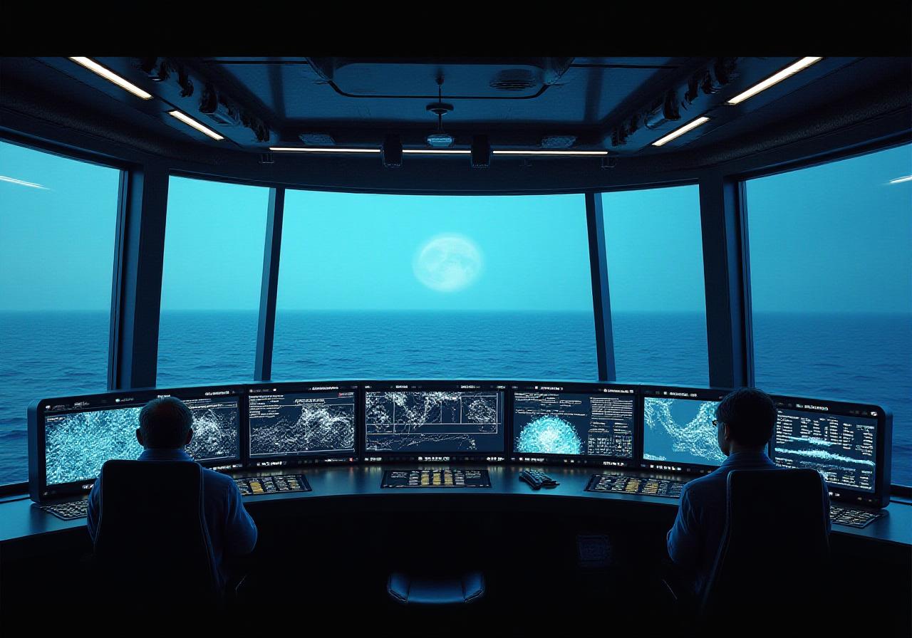 High-tech maritime monitoring station with data displays