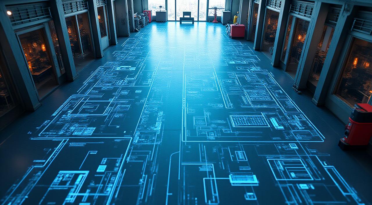 Complex manufacturing process visualization with clean industrial lines