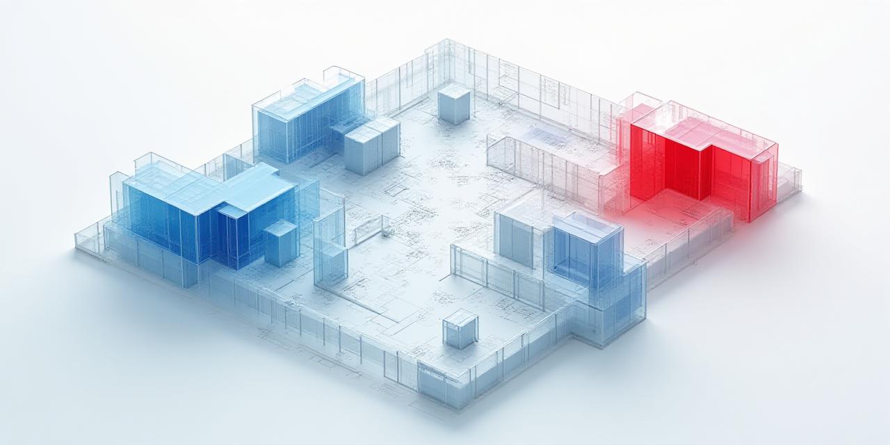 Abstract architectural blueprint with red and blue accents