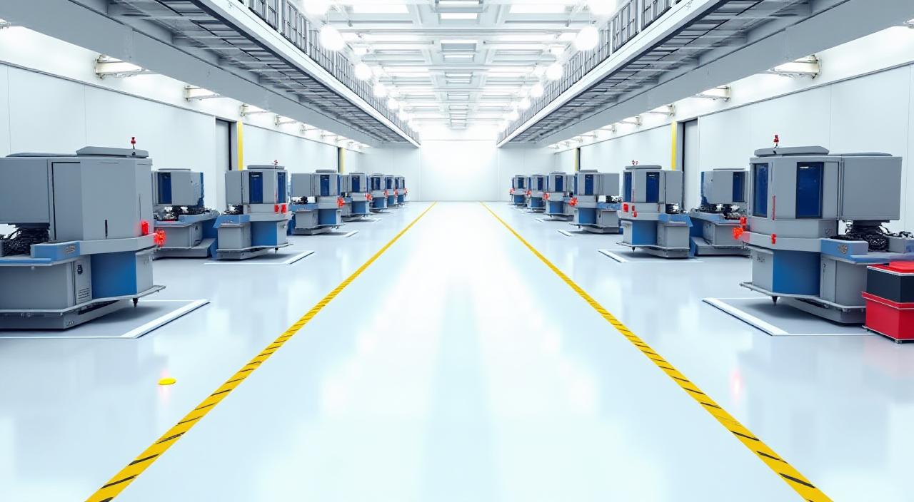 3D layout simulation of a modern Bauhaus-inspired factory floor