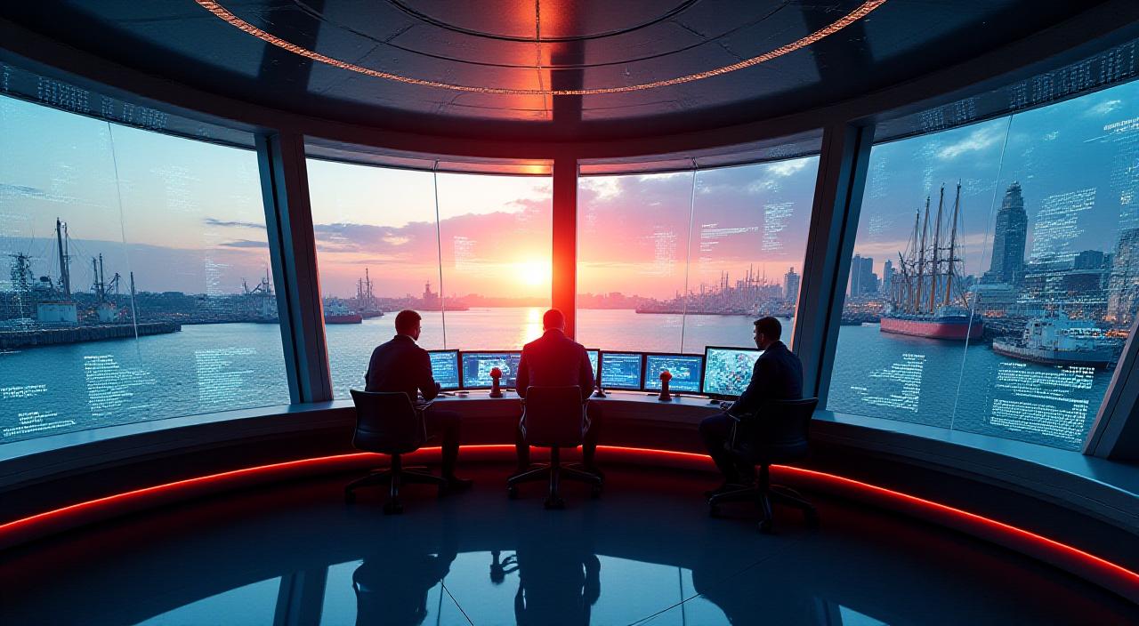 High-tech maritime monitoring station overlooking a harbor