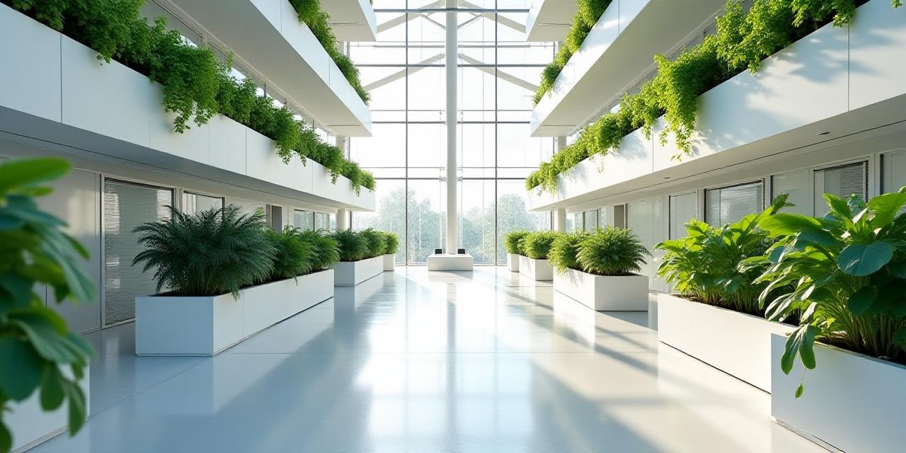 Modern sustainable manufacturing facility with green walls and energy efficient machinery
